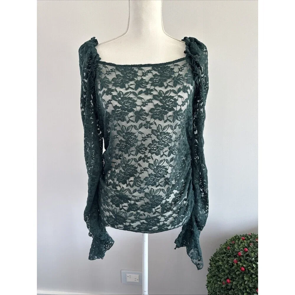 NWT Anthropologie Shirt Womes Sz XL Green Lace Long Sleeve Square Neck Top
